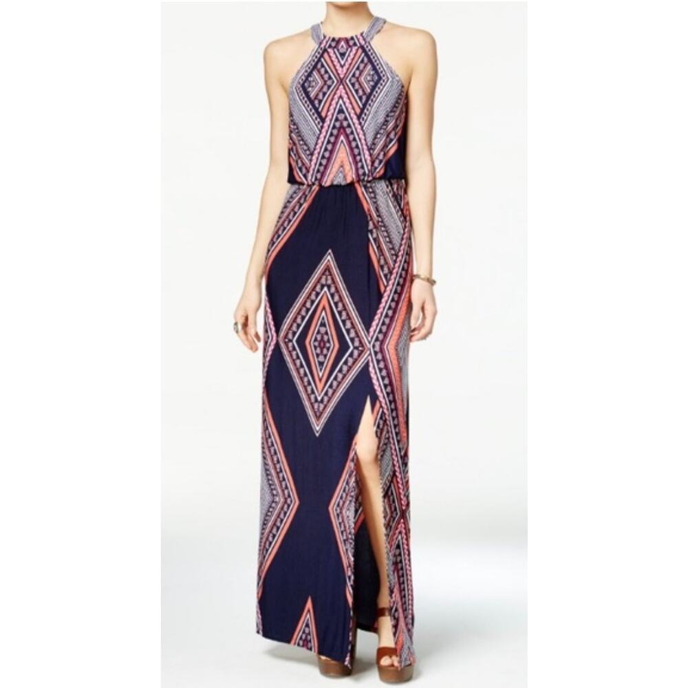 Trixxi Navy Blue Geo Print Halter Midi Dress with Pink Accents